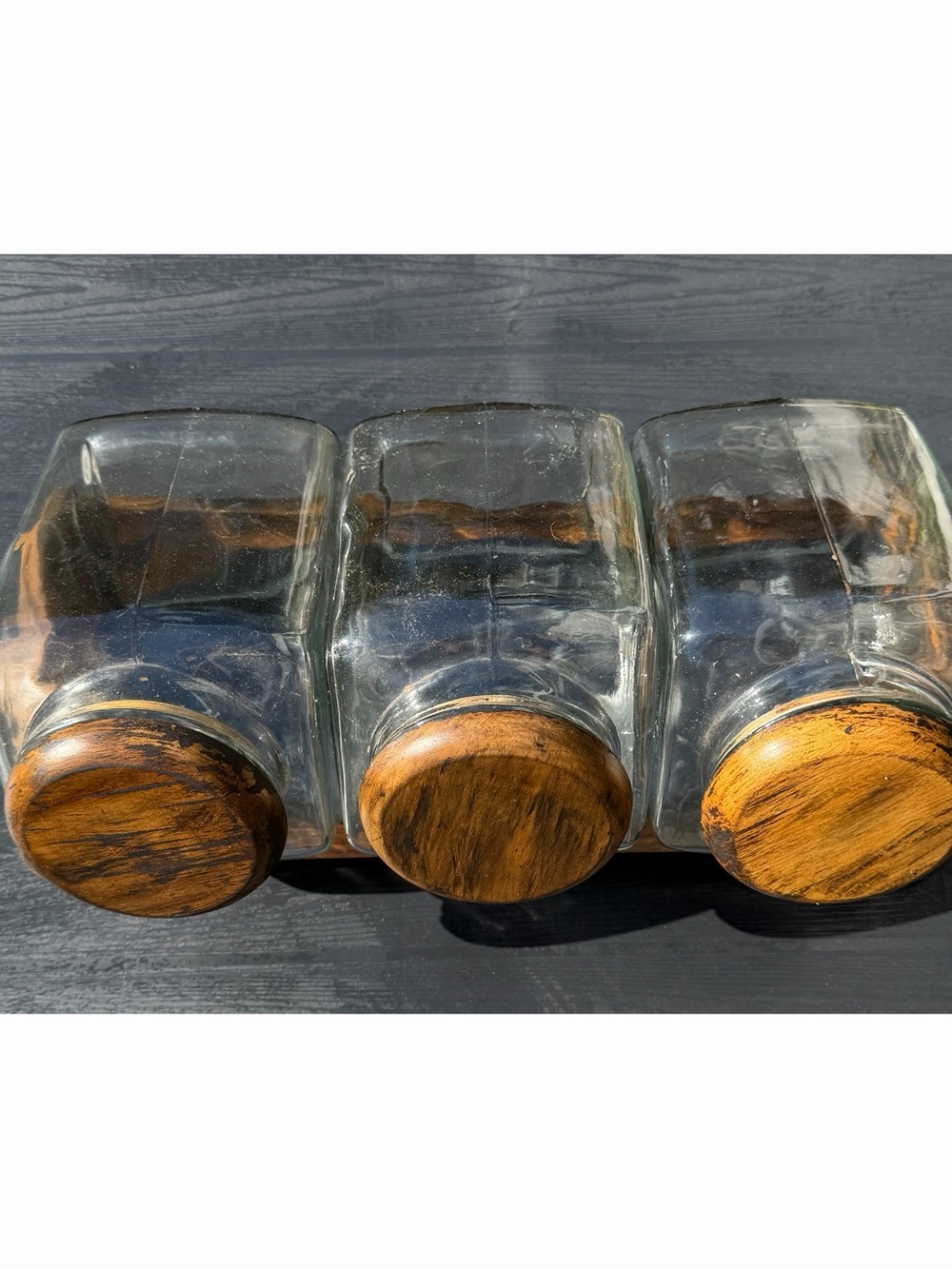 Vintage Set of 3 Glass Kitchen Jars Canisters with Wooden Lids on Stand 18” x 8”